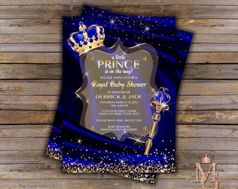 Invitación para baby shower del Príncipe Real: Azul y Dorado (Digital)