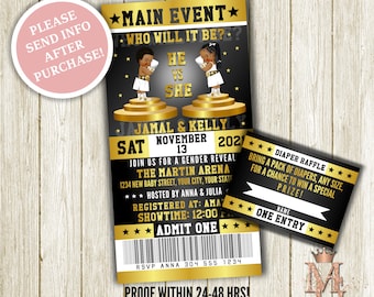 Op de afbeelding: Een zwarte en gouden ticket-achtige uitnodiging voor een gender reveal party. De uitnodiging bevat een cartoon afbeelding van een jongen en een meisje op een podium met de tekst "Main Event: Who Will It Be?" en "Jamal & Kelly" in gouden letters. De datum is 13 november 2021. De uitnodiging bevat ook een apart ticket voor een luierloterij.