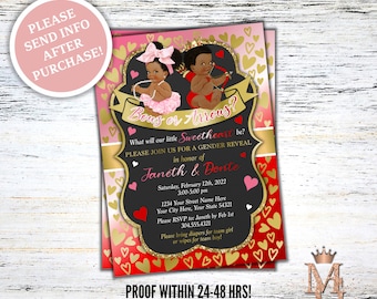 Bows or Arrows Gender Reveal Invitation! Valentines Day Gender Reveal! Sweetheart Invitation! Red, Pink and Gold!