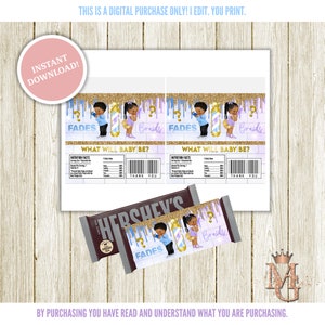 May include: Printable gender reveal party favor labels featuring a cartoon illustration of a baby boy with a fade haircut and a baby girl with braids. The labels are designed to be placed on chocolate bars and feature the text "Fades" and "Braids" with a question mark. The labels have a purple and blue background with gold glitter accents.