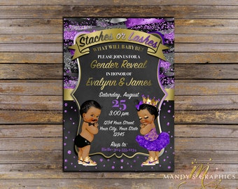 Staches or Lashes Babies Gender Reveal Invitation! Purple, Black and Gold!