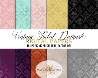 Vintage Damask Foiled Digital Papers, Set of 10, 12x12, JPG images, Commercial Use!