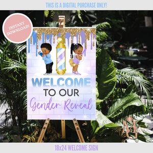 Puede incluir: Un cartel de bienvenida para una fiesta de revelación de género. El cartel está decorado con un poste de barbero azul y morado, dos bebés de dibujos animados y purpurina dorada. El texto en el cartel dice "Bienvenido a nuestra Revelación de Género".