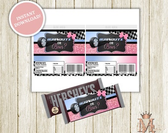 Burnouts or Bows Gender Reveal Candy Bar Wrapper Template! Instant Download! Light Blue and Pink!