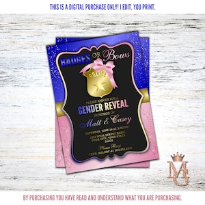 Badges or Bows Gender Reveal Invitation! Royal Blue, Pink and Gold!