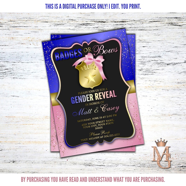 Badges or Bows Gender Reveal Invitation! Royal Blue, Pink and Gold!