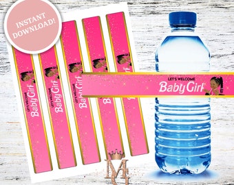 Pink and Gold Doll Baby Shower Water Bottle Label (Digital Template)