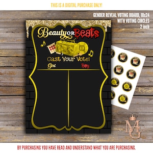 Tablero de votación para revelar el género de Beauty or Beats. ¡Amarillo y rojo! 18 x 24