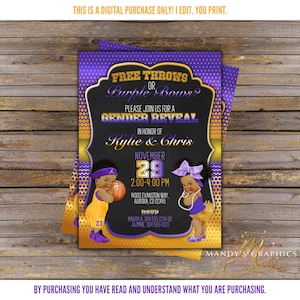 ¡Invitación de revelación de género de tiros libres o lazos morados! ¡Oro morado y amarillo! ¡Invitación de los Lakers!
