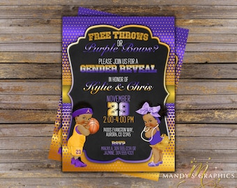 Free Throws or Purple Bows Gender Reveal Invitation! Purple and Yellow Gold! Lakers Invitation!