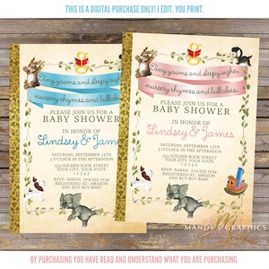 Petite invitation au baby shower de comptines de livre d'or ! Fille ou garçon!