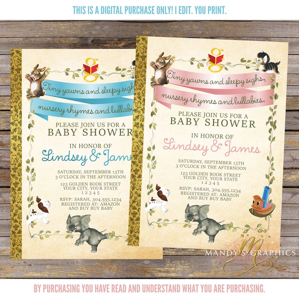 Little Golden Book Nursery Rhymes Baby Shower Invitation! Girl or Boy!
