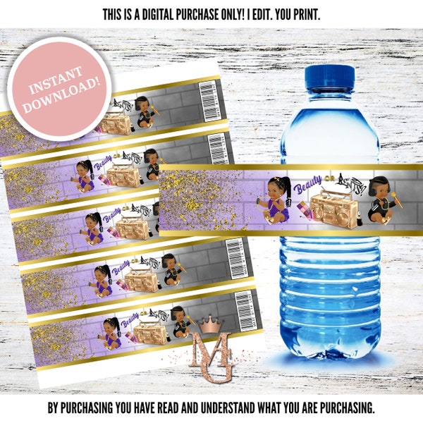 Beauty or Beats Water Bottle Label! Hip Hop Gender Reveal! Purple, Black and Gold!
