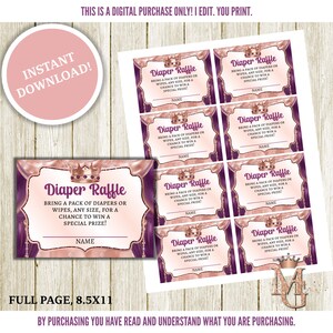 Può includere: Otto biglietti per la lotteria dei pannolini rosa e viola con una corona dorata e il testo "Diaper Raffle" e "Bring a pack of diapers or wipes, any size, for a chance to win a special prize!" I biglietti misurano 8,5 x 11 pollici.