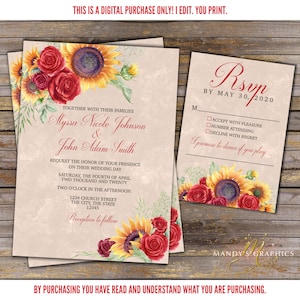 Invito a nozze con girasoli e rose e risposta! Matrimonio giallo e rosso