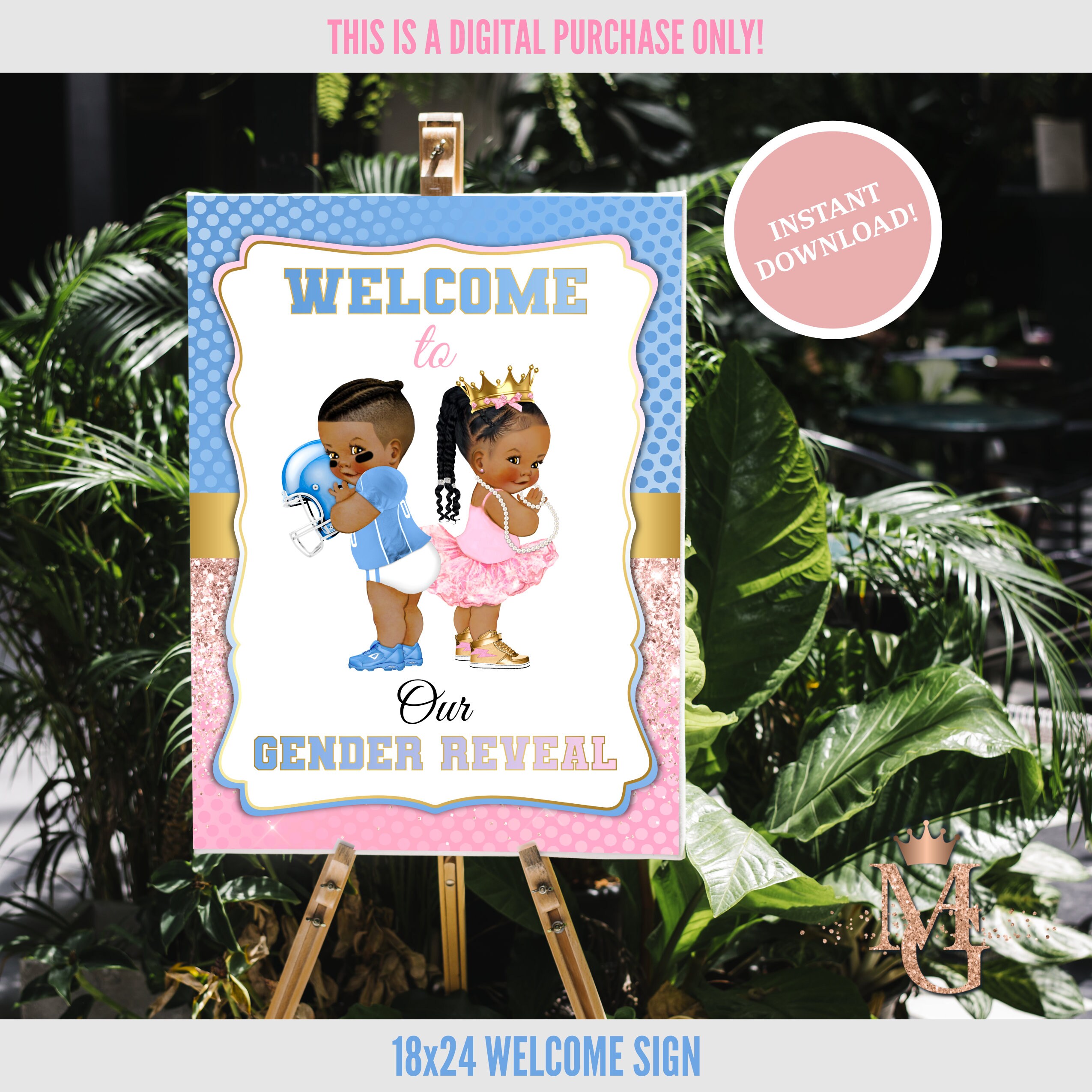 Touchdowns or Tutus Gender Reveal Welcome Sign! Light Blue, Light Pink and Gold! 18x24! Digital Download!