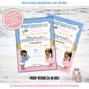 Touchdowns or TuTu&#39;s Gender Reveal Invitation! Touchdowns or Crowns! Light Blue, Pink and Gold!
