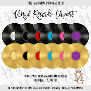 Conjunto de clipart de discos de vinil, 12 cores, elementos individuais! Clipart retrô! DJ Clipart! Download instantâneo! PNG!