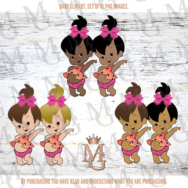 Pebbles Clipart! Set of 6 Babies! Orange and Hot Pink Bows! Glam Pebbles Clipart! PNG Clipart!