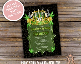 Marijuana Birthday Party Invitation, Black, Gold, and Green (Digital)