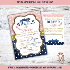 Wheels or Heels Gender Reveal Einladung mit Windelverlosung! Marineblau, Blush und Gold!