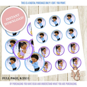 Fades or Braids Gender Reveal Cupcake Toppers! Blue and Lavender! 2 inch Circles! 3 inch Circles! Sticker Template!