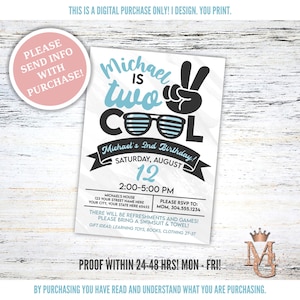 Two Cool Birthday Invitation, Second Birthday Invitation! Boy Birthday! Baby Second Birthday!