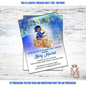 Beats Baby Shower Invitation! Hip Hop Baby Shower! Boy Baby Shower! Blue and Gold!