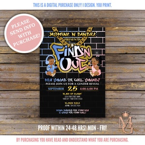 Hip Hop Gender Reveal Invitation: Light Blue, Pink, Gold (Digital)