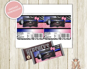 Burnouts or Bows Gender Reveal Candy Bar Wrapper Template! Instant Download!