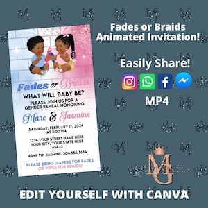 Fades or Braids Gender Reveal Animated Invitation (Canva Template)