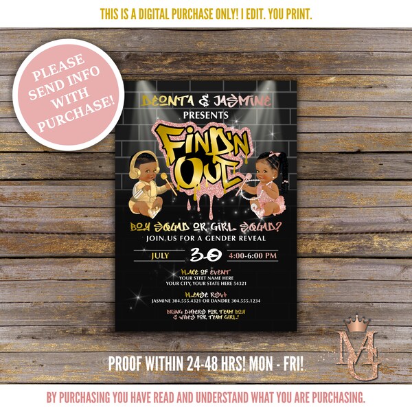 Find 'N Out Gender Reveal Invitation! Hip Hop Gender Reveal! Gold and Rose Gold!