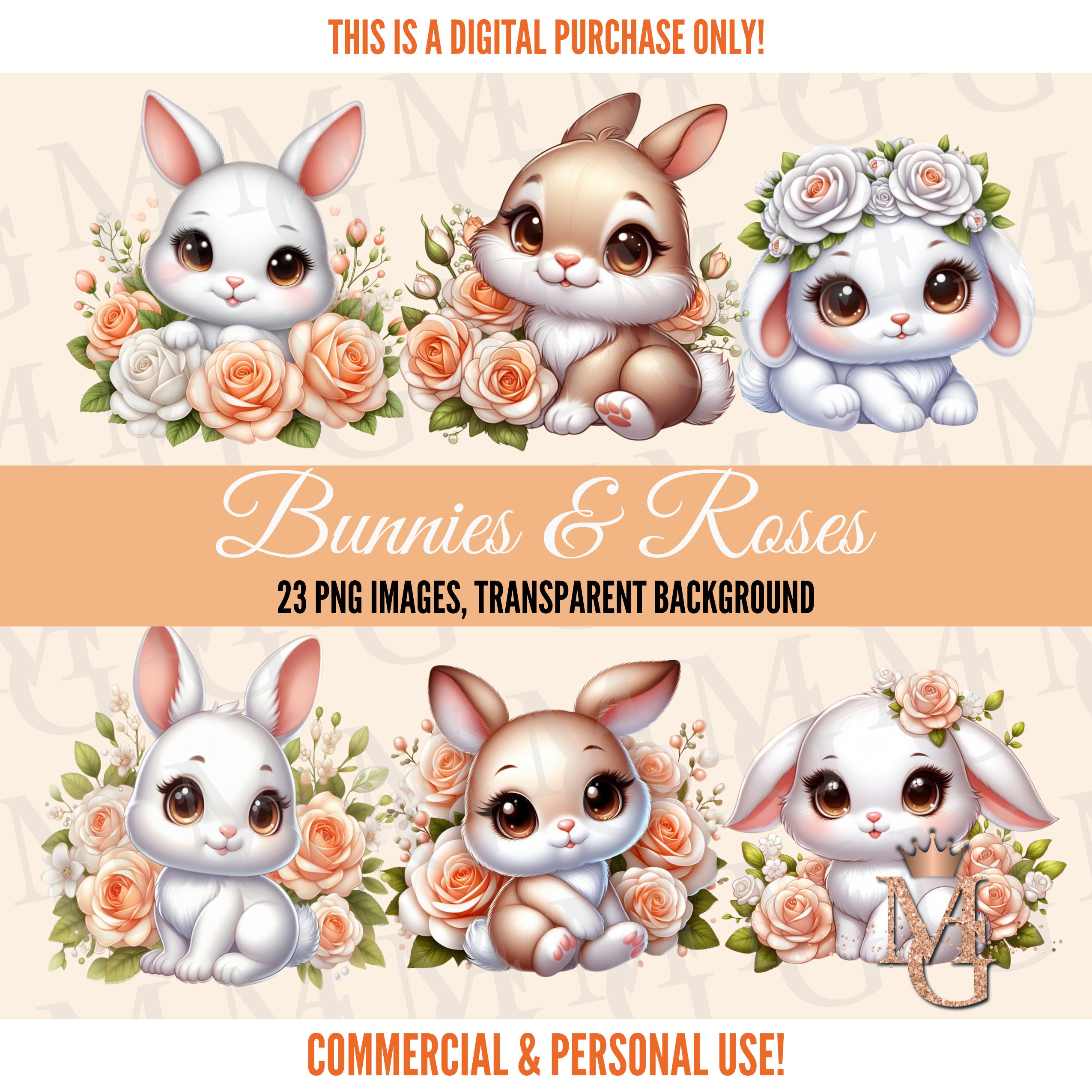 Baby Bunnies Clipart Set, Floral Clipart, 23 PNG Images, Light Orange ...