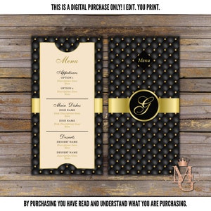 Wedding Menu Design, Black and Gold Tufted, Front and Back!