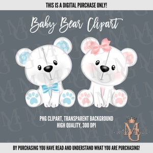 Baby White Bear Clipart Set, 2 PNG-afbeeldingen, roze en lichtblauw! Babydouche clipart! Geslacht onthullen clipart!