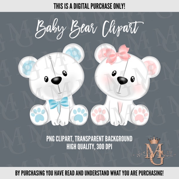 Baby White Bear Clipart Set, 2 PNG Images, Pink and Light Blue! Baby Shower Clipart! Gender Reveal Clipart!