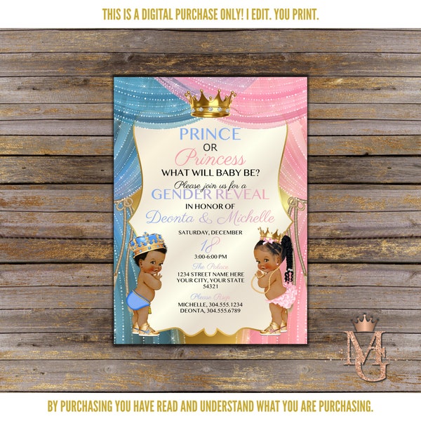 Prince or Princess Gender Reveal Invitation! Light Blue, Light Pink and Gold!