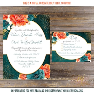 Invito a nozze arancione e verde acqua e RSVP! Set per matrimonio autunnale!