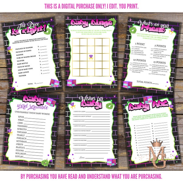 Fresh Princess Game Set! Printable Games! Fresh Princess Baby Shower! Digital Games! Games Set! Pink, Green and Purple!