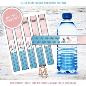 Reels or Heels Water Bottle Label! Fishing Gender Reveal! Blue, Pink and Silver!