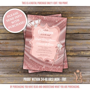 Royal Princess Baby Shower Invitation, Girl! Little Princess Baby Shower! Princess Baby Shower! Rose Gold, Pink!