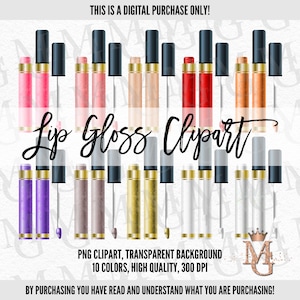 Lip Gloss Clipart Set: 10 Colors, Makeup Graphics (PNG, Instant Download)
