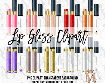 Può includere: Clipart digitale di dieci lucidalabbra di diversi colori con applicatori. I lucidalabbra sono in varie tonalità di rosa, rosso, arancione, viola e oro. Il testo "Lip Gloss Clipart" è scritto in lettere corsive nere. Il testo "PNG CLIPART, SFONDO TRASPARENTE 10 COLORI, ALTA QUALITÀ, 300 DPI" è scritto in lettere nere. Il testo "ACQUISTANDO, HAI LETTO E CAPITO COSA STAI ACQUISTANDO!" è scritto in lettere nere.