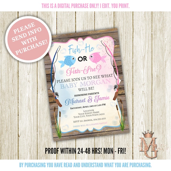 Fish Gender Reveal Invitation Fish-he or Fish-she Fishy Gender Reveal Light  Blue and Pink 