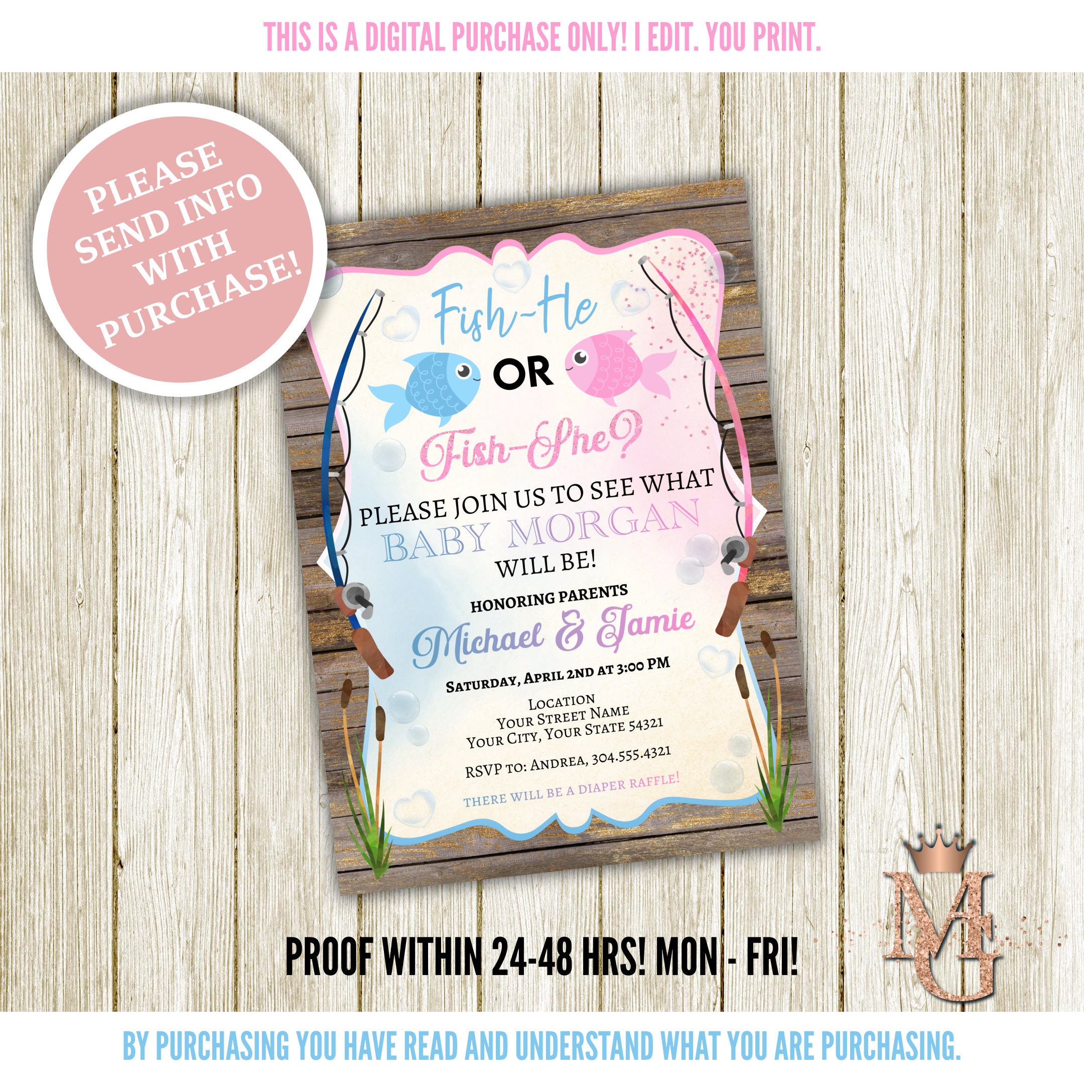 Fish Gender Reveal Invitation Fish-he or Fish-she Fishy Gender Reveal Light  Blue and Pink 