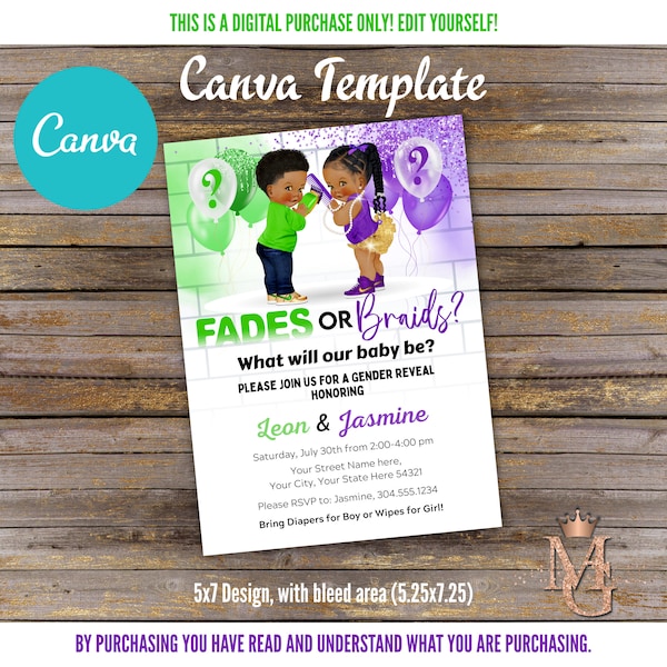 Fades or Braids Gender Reveal Invitation! Edit Yourself! Canva Template! Canva Invitation! Lime Green and Purple!