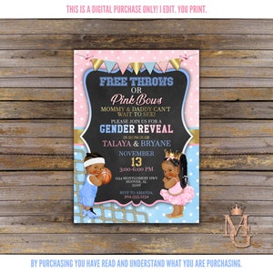 Free Throws or Pink Bows Gender Reveal Invitation! Light Blue and Pink! Braids!