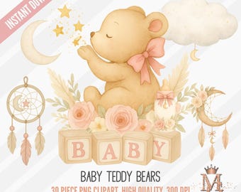 Boho babybeer clipart, maan clipart, blush en crème, lichtroze. (png)