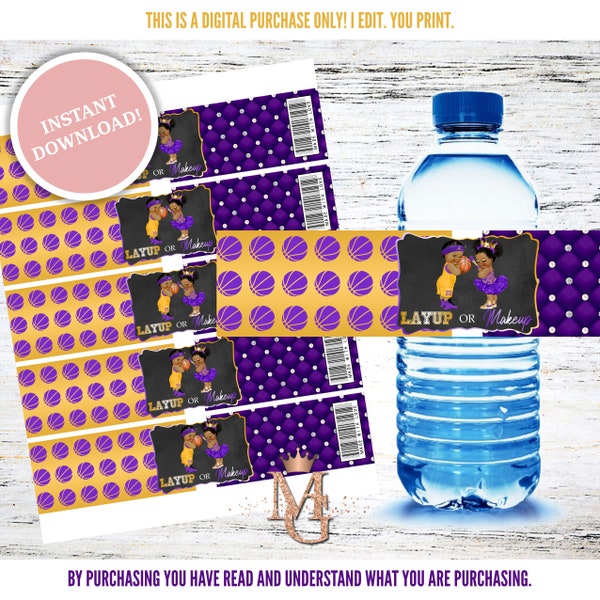 Layup or Makeup Water Bottle Label! Purple and Gold! Digital Template!