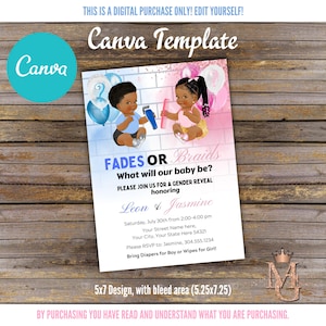 Fades or Braids Gender Reveal Invitation! Edit Yourself! Canva Template! Canva Invitation! Light Blue and Pink!